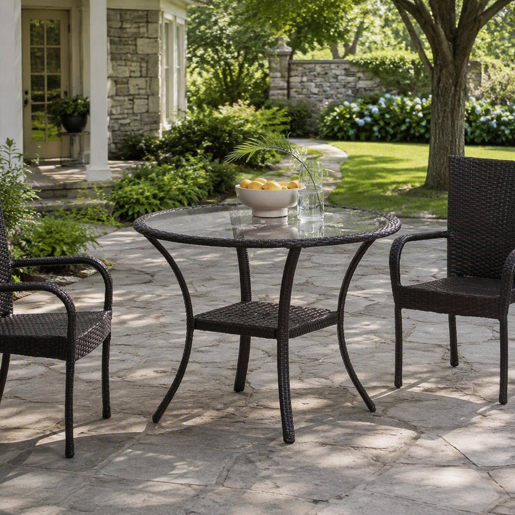 Angle. RYHNUYNE - Outdoor Patio Coffee Table with Tempered Glass Top & Lower Shelf,Rattan Side Table for Garden Balcony Deck - Brown.