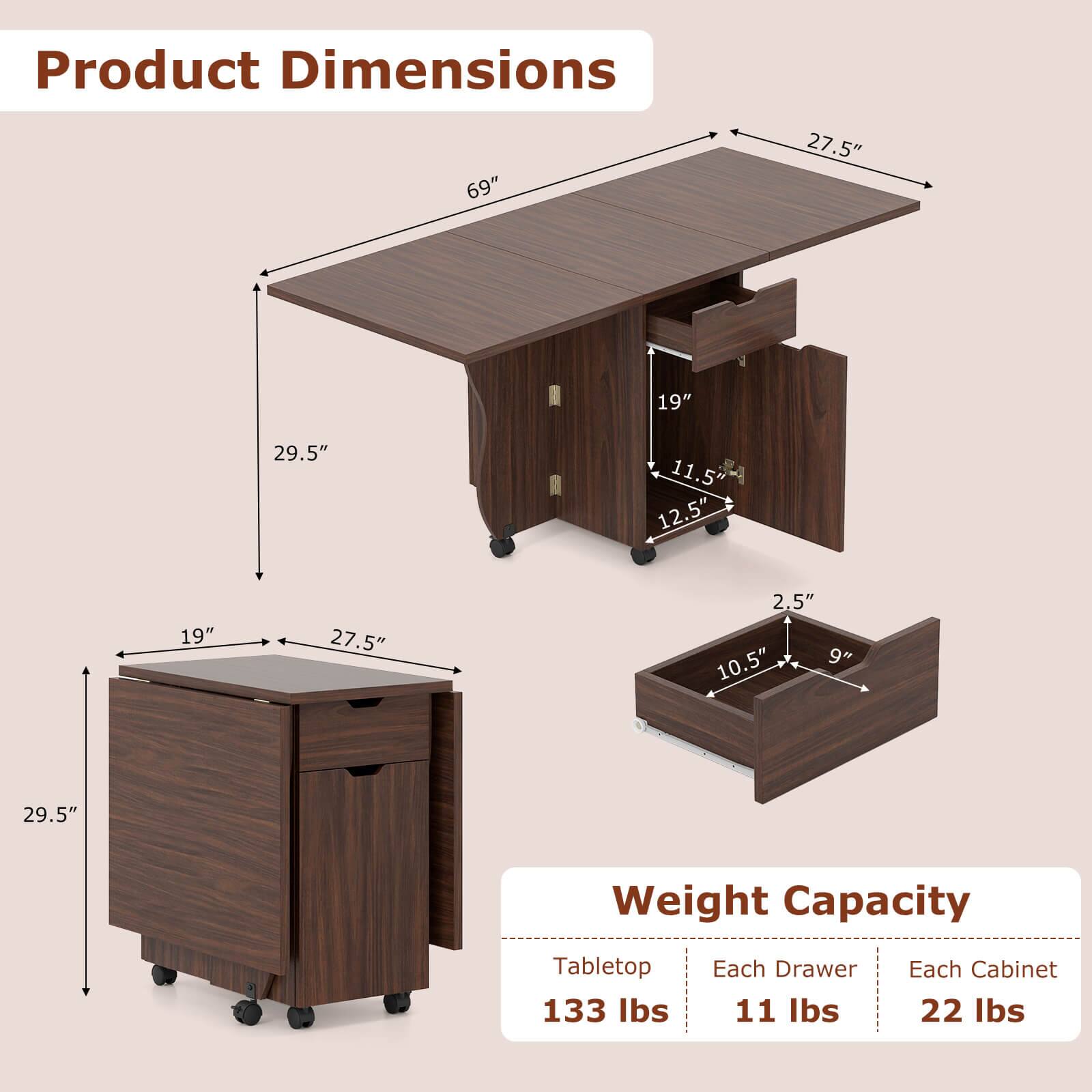 Product Dimensions  
69" x 27.5" x 19" x 29.5" x 11.5" x 12.5" x 19" x 27.5" x 2.5" x 10.5" x 9" x 29.5"  

Weight Capacity  
Tabletop: 133 lbs  
Each Drawer: 11 lbs  
Each Cabinet: 22 lbs