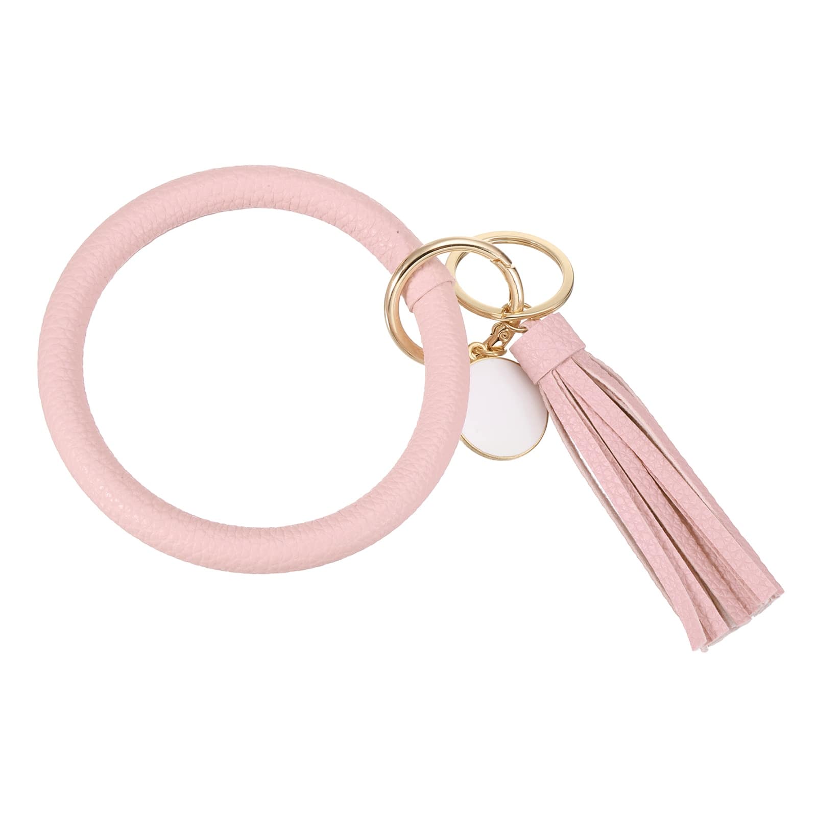 Unique Bargains - PU Leather Circle Wristlet Keychain, Tassel Pendant Round Bangle Keyring Bracelet Holder for Women Car Keys, 1pc - Pink