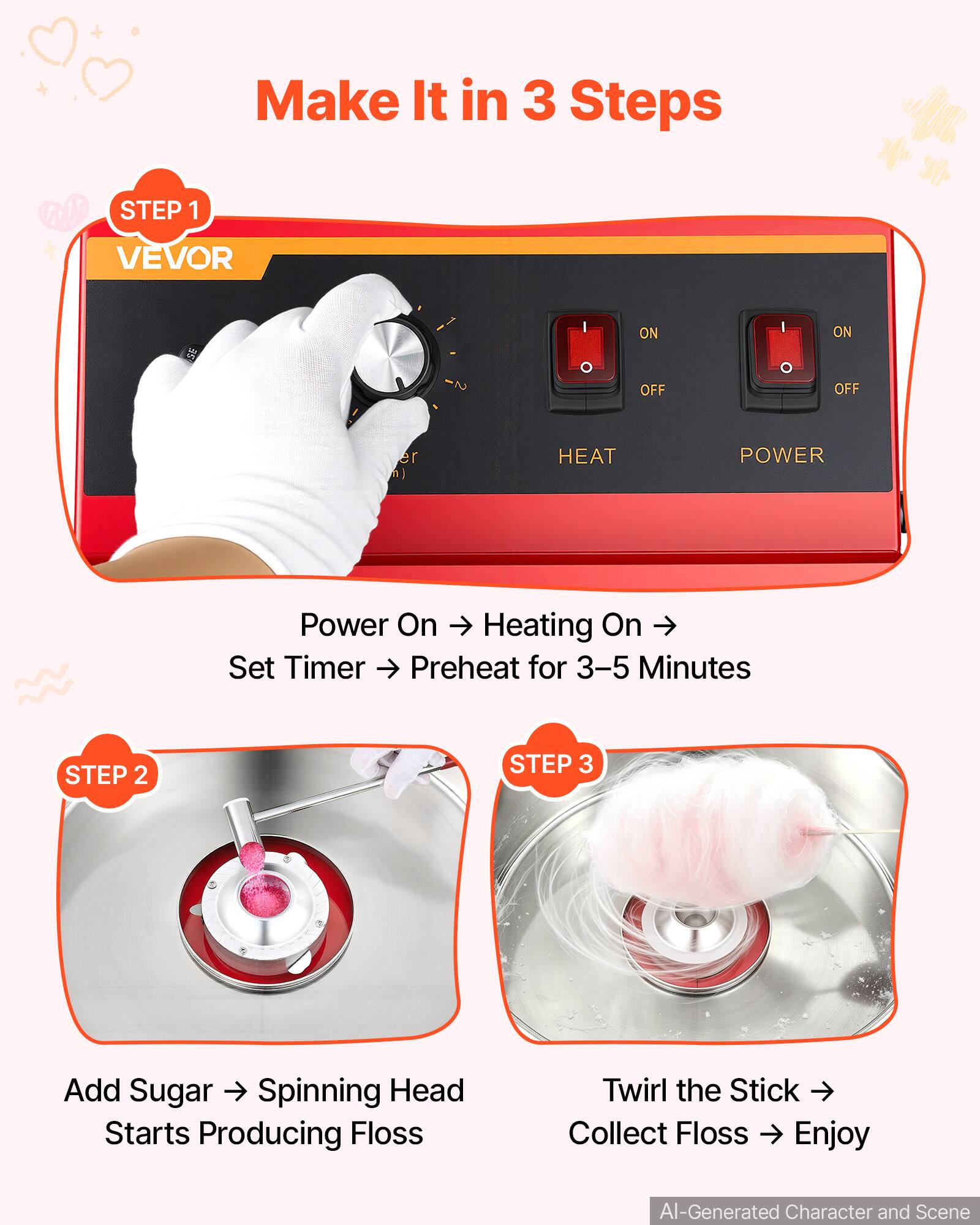 Make It in 3 Steps

STEP 1
VEVOR
ON
ON
OFF
OFF
HEAT
POWER
Power On → Heating On → Set Timer → Preheat for 3-5 Minutes

STEP 2
Add Sugar → Spinning Head Starts Producing Floss

STEP 3
Twirl the Stick → Collect Floss → Enjoy

AI-Generated Character and Scene