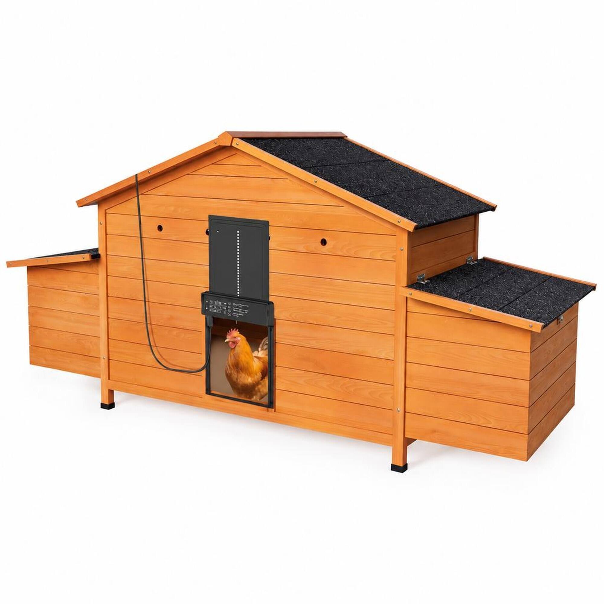 Front. RYHNUYNE - 70 Inch Automatic Chicken Coop, Solar Powered Door, Solid Wood, 2 Nesting Boxes, Pull Out Tray.