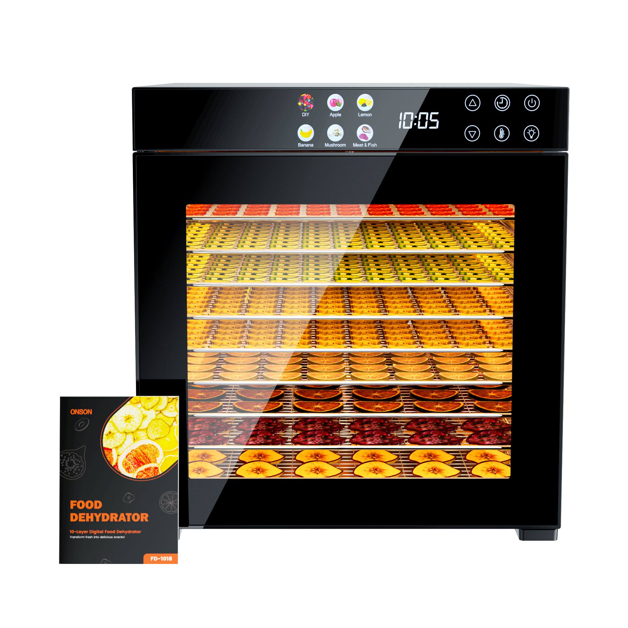 Sure, here is the corrected and grouped text:
---
**Apple Lemon 10:05 Sanana Mushroom Meat & Fish**
**ONSON FOOD DEHYDRATOR FD-1018**
- 18-layer Digital Food Dehydrator
---
**Icons:**
- DRY
- Apple
- Lemon
- Mushroom
- Meat & Fish
---
**Time Display:**
- 10:05
---