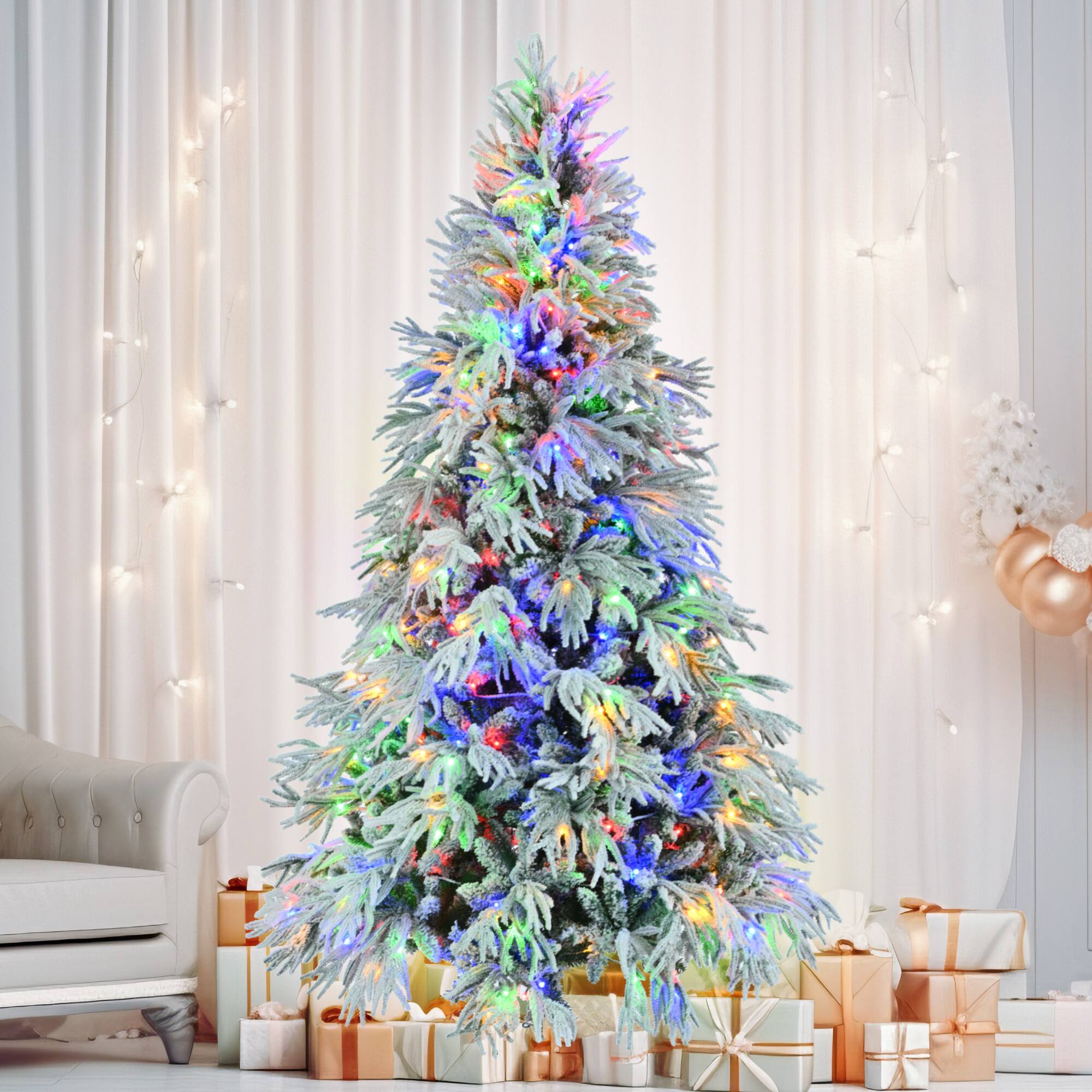 Angle. Spaco - Spaco 7.5FT Prelit Snow Flocked Christmas Tree, 350 RGB LEDs 8 Modes Hinged - Green.