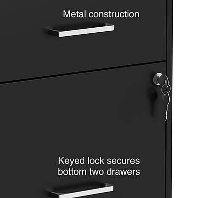 Metal construction  
Keyed lock secures bottom two drawers