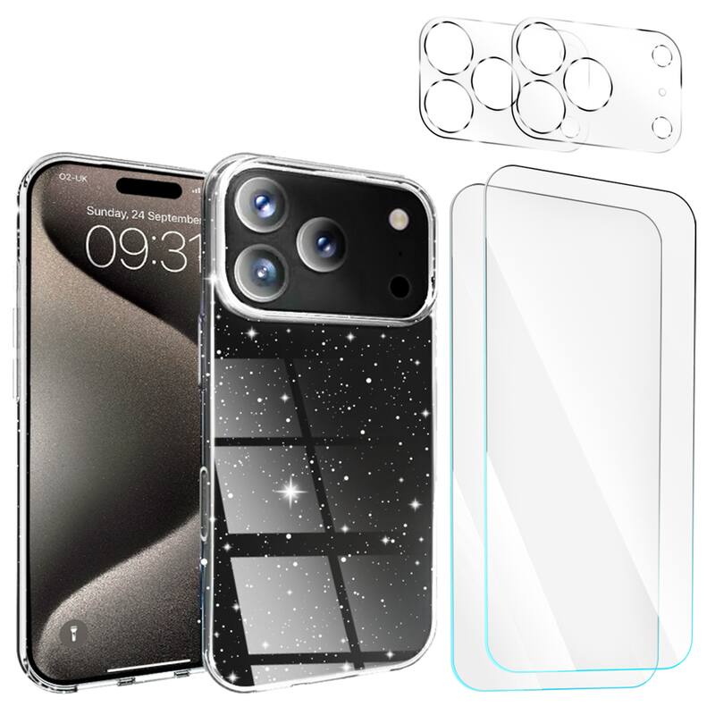 Entronix - 5-in-1 Protective Bundle for iPhone 17 Pro Max - Glitter Case, Screen & Lens Protectors - Clear