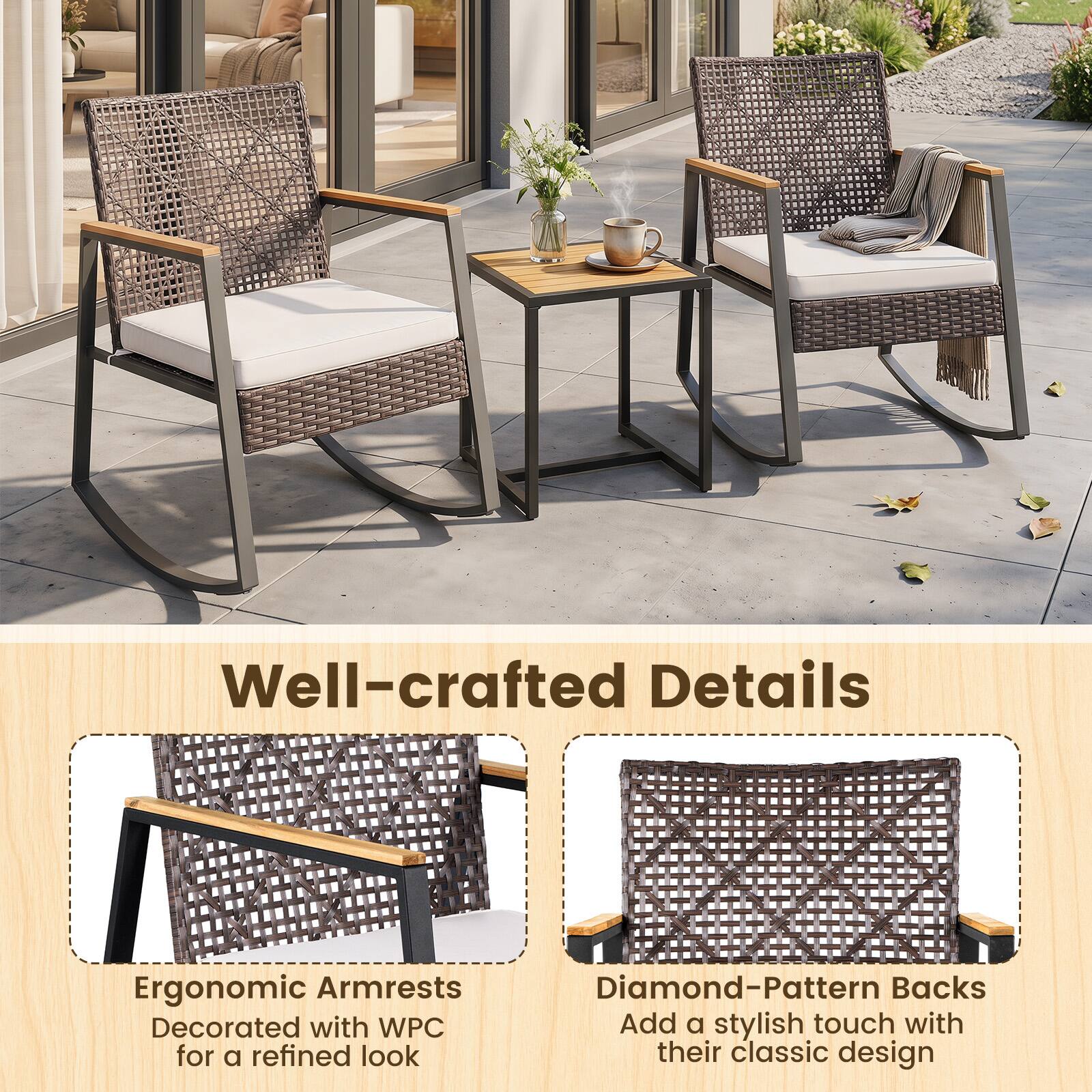 Well-crafted Details

Ergonomic Armrests
Decorated with WPC for a refined look

Diamond-Pattern Backs
Add a stylish touch with their classic design