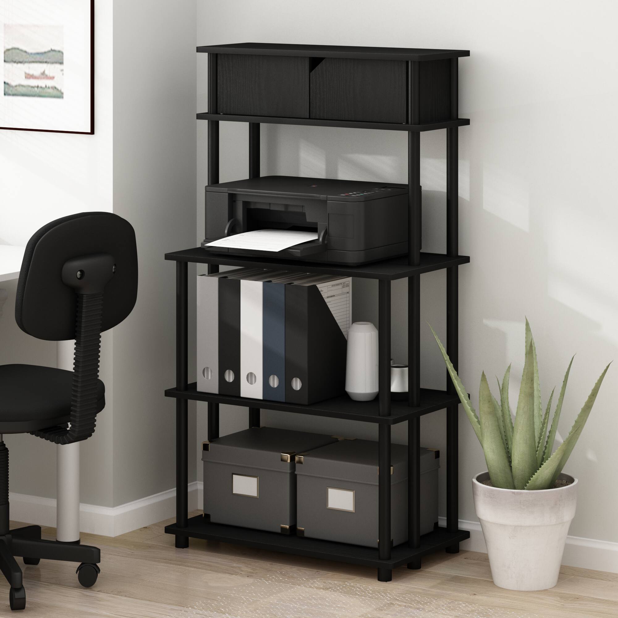 Alt View 1. Furinno - TURN-N-TUBE Printer Stand, 5-Tier Printer Stand with Storage Shelf and Closed Cabinet, for Home Office - Dark Americano/Black.
