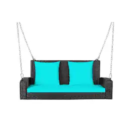 Pefilos - 2-Peron Patio Rattan Porch Swing with Cuhion, Wicker Porch Swing with 2 Back Cuhion and 1 Seat Cuhion, Hanging Swing - Blue