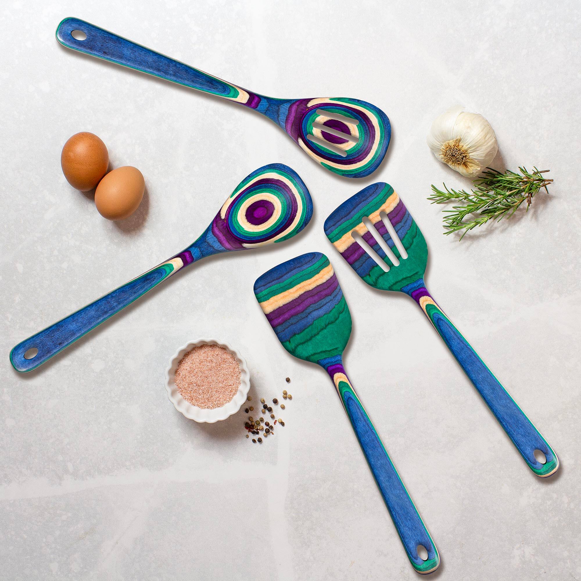 Angle. Baltique - Mumbai Collection 4 Piece Cooking Utensil Set, Safe for Nonstick - Purple, Green, Blue.