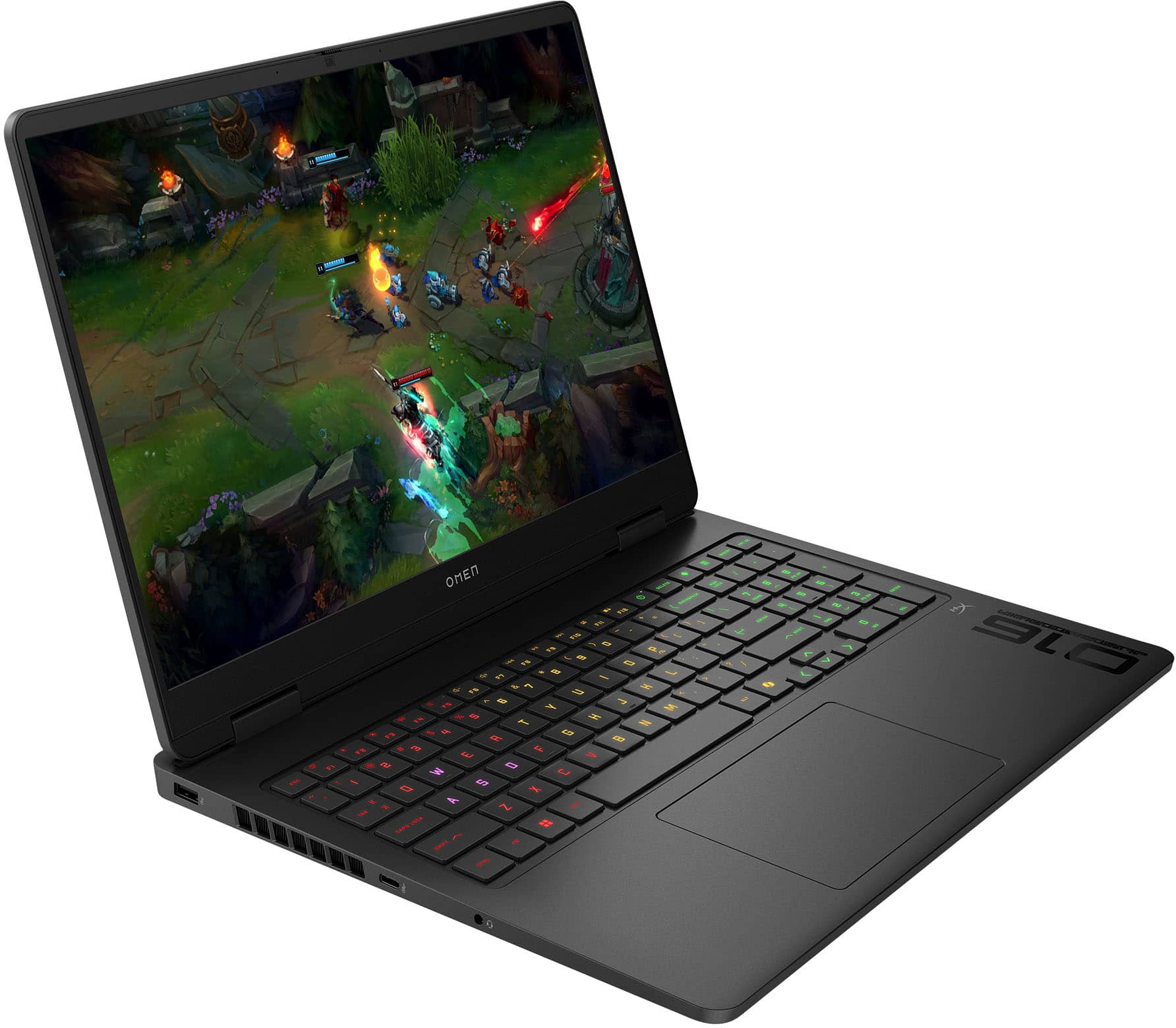 The image shows a laptop computer with a video game displayed on the screen. The game is set in a field with several characters, and the laptop is open to the game. The laptop is black and has a keyboard with green and yellow keys. The game appears to be a popular online game, and the laptop is likely being used for entertainment or leisure.