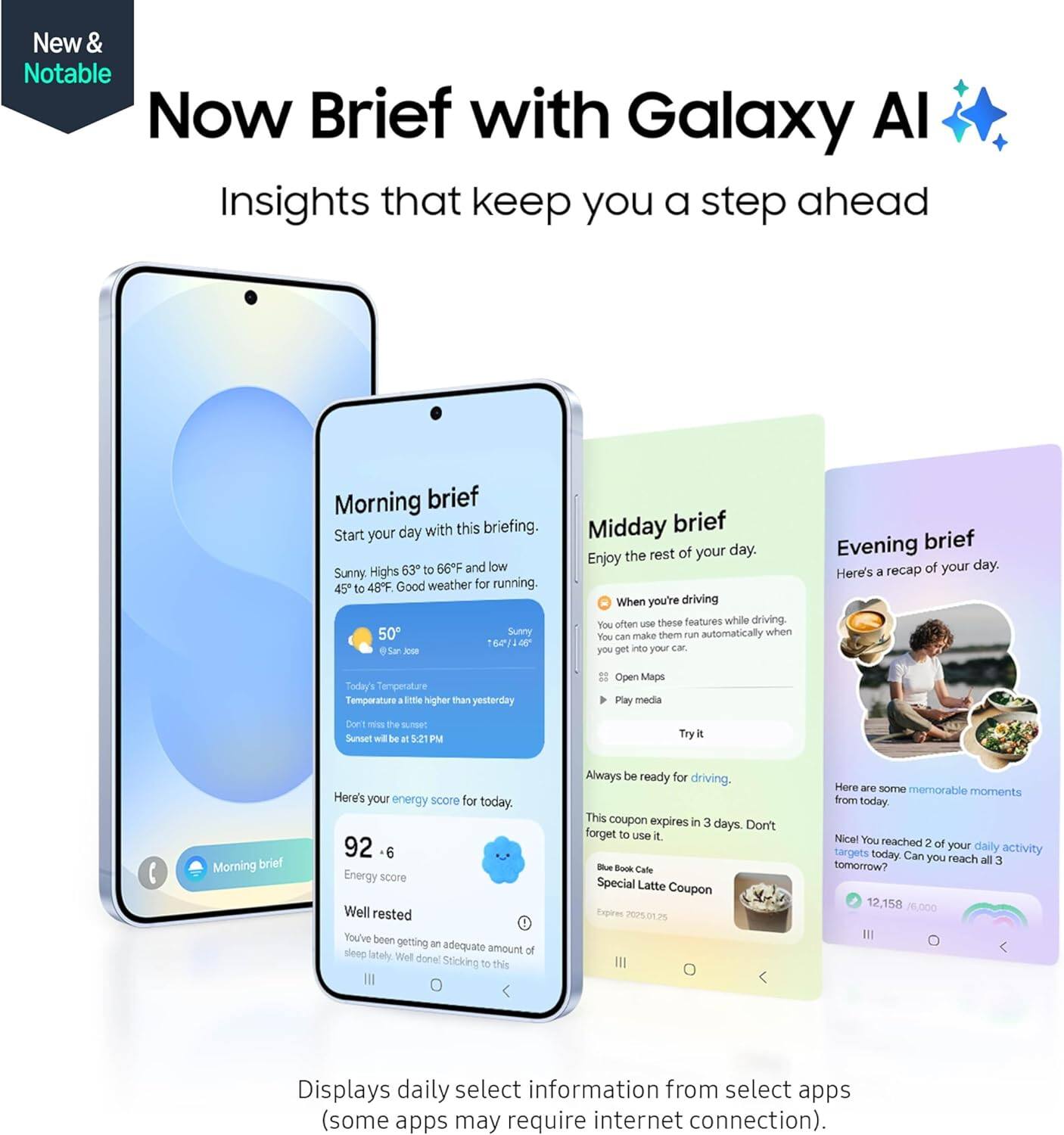 New & Notable

Now Brief with Galaxy AI

Insights that keep you a step ahead

Morning brief
Start your day with this briefing.
63 to 66°F and low
Sunny
Highs 45 to 48°F
Good weather for running.

Midday brief
Enjoy the rest of your day.
When you're driving
You often use these features while driving. Make them run automatically when you get into your car.
Open Maps
Play media

Evening brief
Here's a recap of your day.
Today's Temperature
Temperature a little higher than yesterday
Sunset will be at 5:21 PM

Morning brief
Here's your energy score for today.
92 +6
Energy score
Well rested
You've been getting an adequate amount of sleep lately. Well done!
Sticking to this

Always be ready for driving.
This coupon expires in 3 days. Don't forget to use it.
Blue Book Cafe
Special Latte Coupon
Expires 2025.01.29

Here are some memorable moments from today.
Nice! You reached 2 of your daily activity targets today. Can you reach all 3 tomorrow?

Displays daily select information from select apps (