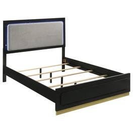 Manhattan Lane - Caer Queen Size Bed, LED Panel Tall Headboard, Gray Upholstery, Black Okume - Black, Gray, Gold