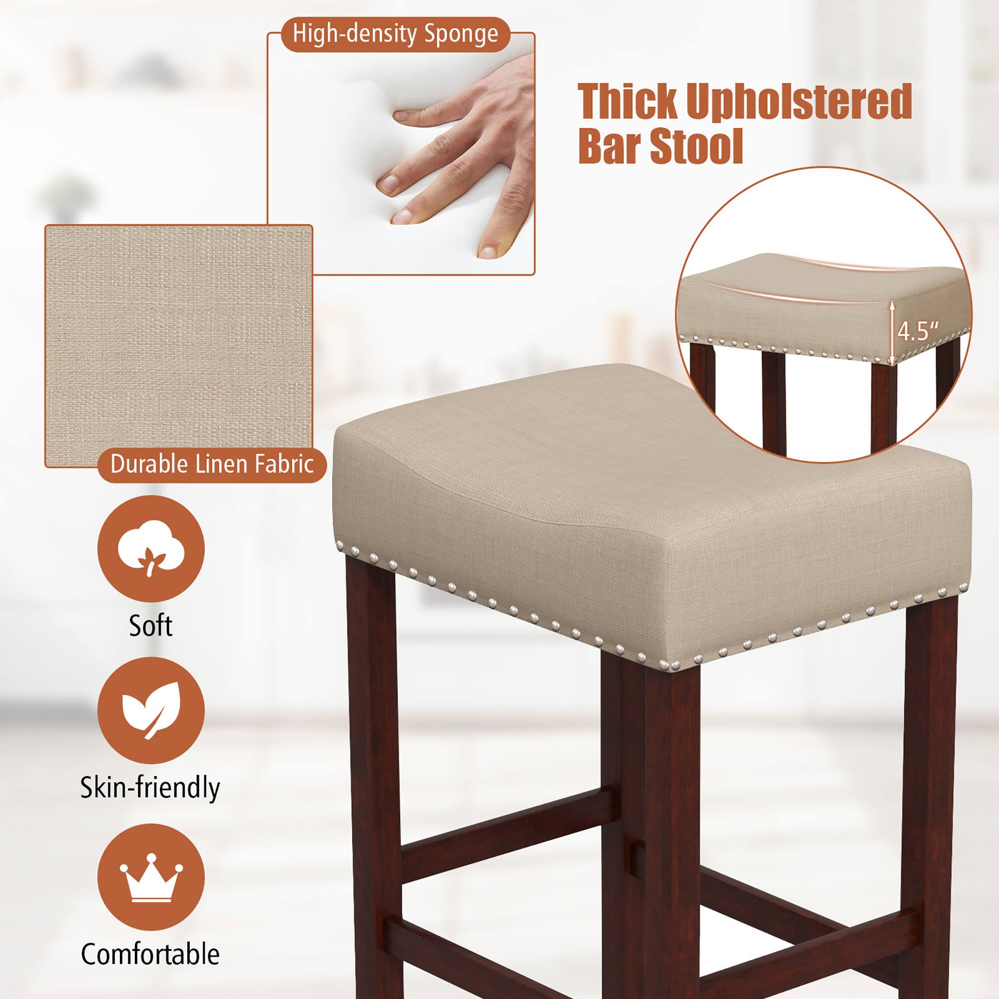 High-density Sponge, Thick Upholstered Bar Stool, Durable Linen Fabric, Soft, Skin-friendly, Comfortable