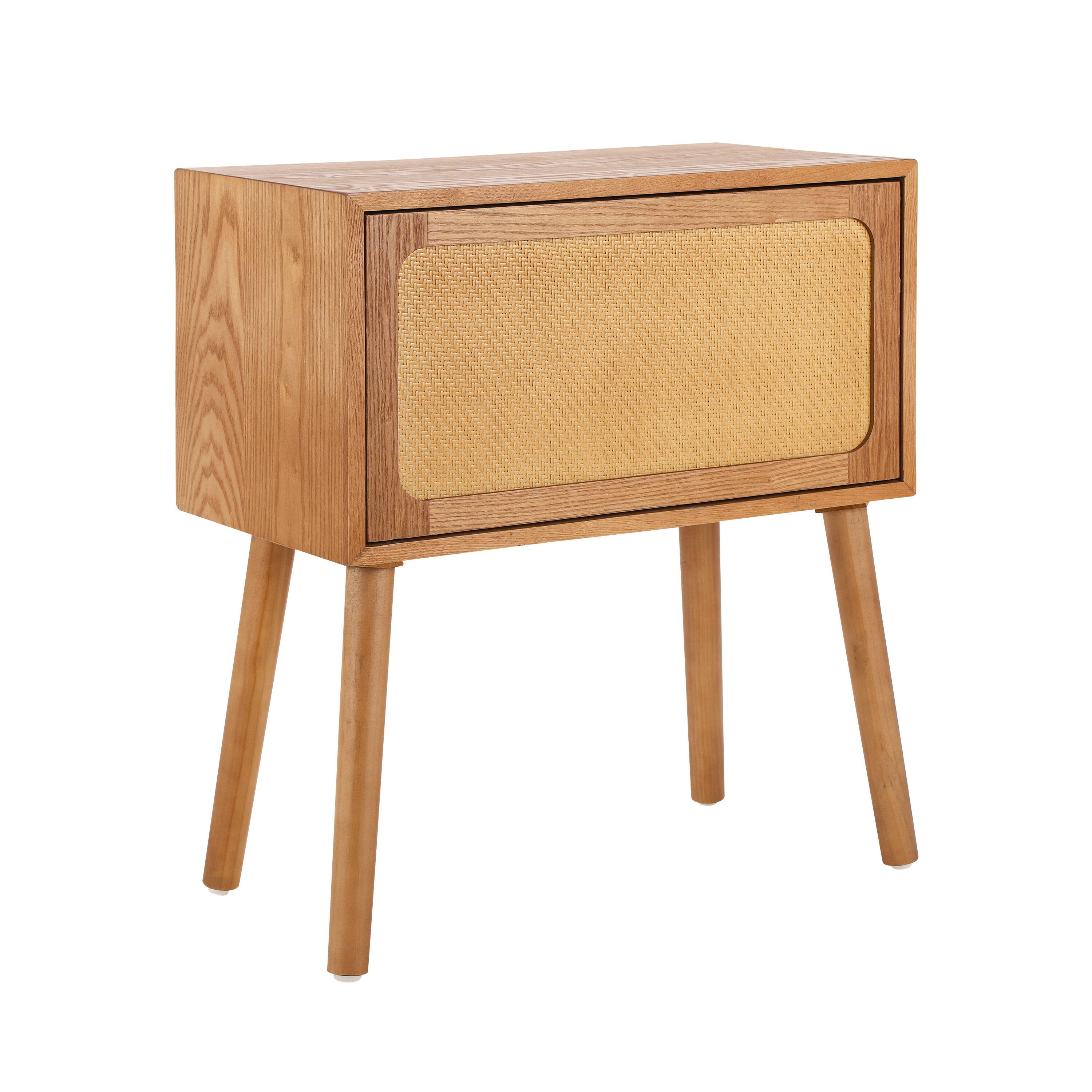 Left. Whisen - Rotating Nightstand with Hidden Compartments, Rattan Bedside Table and Storage End Table - Natural.