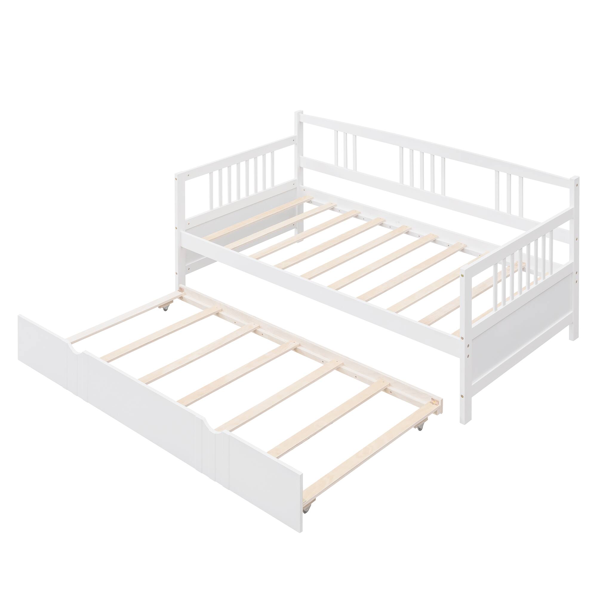 Left. Whisen - Wood Daybed with Trundle Pull-Out Bed Frame for Bedroom and Guest Room - White.