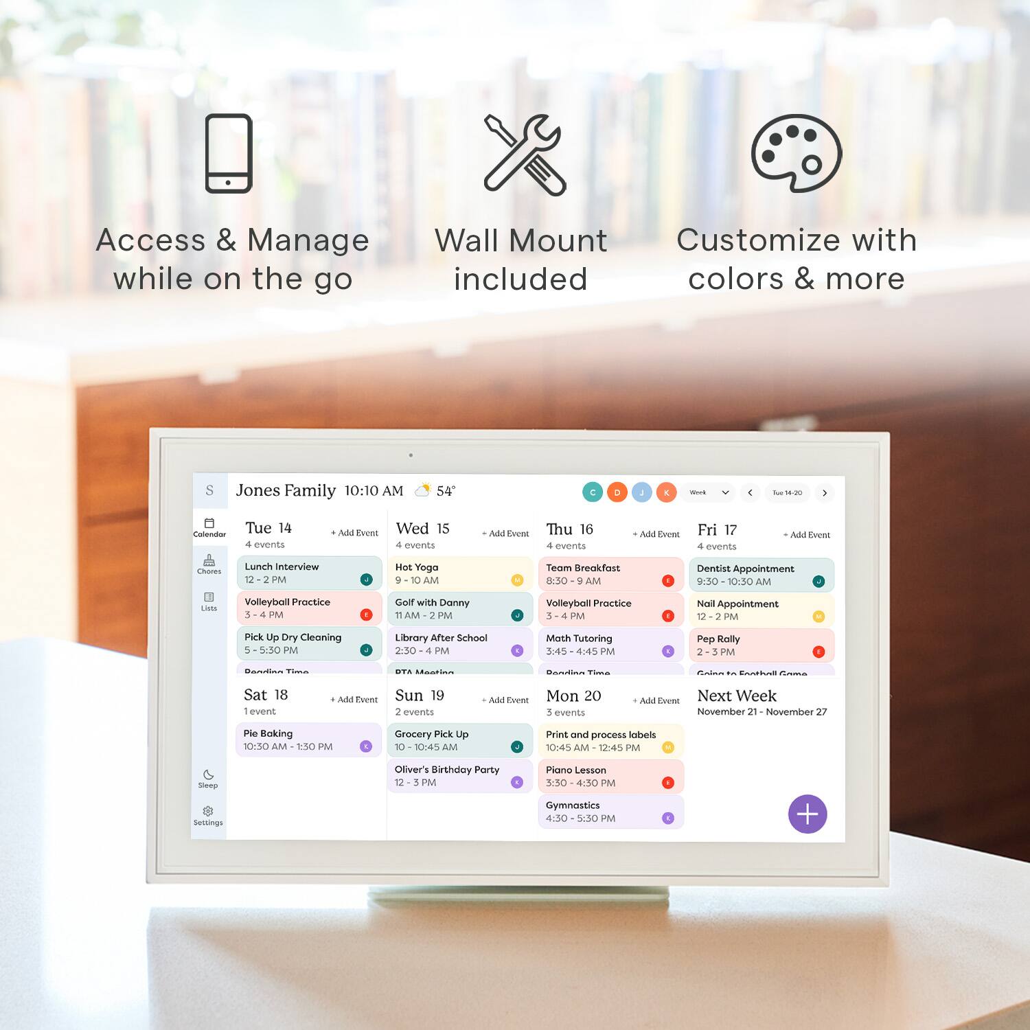 The image shows a calendar on a tablet or computer screen, displaying the schedule for the Jones Family. The calendar includes various events and appointments, such as "Access & Manage while on the go," "Wall Mount," "Customize with included colors & more," and "S Jones Family." The calendar also shows the time and date for each event, including appointments and meetings. The Jones Family's schedule is organized and easily accessible, allowing them to stay on track and manage their time efficiently.