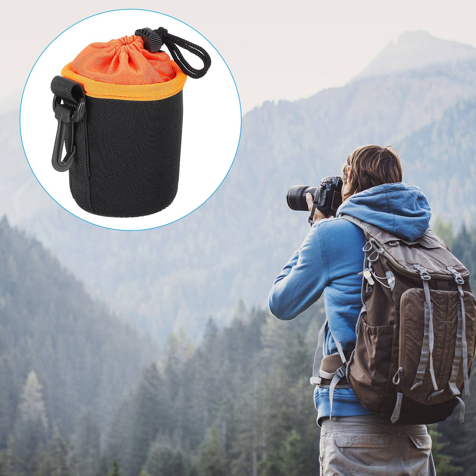 Alt View 6. Unique Bargains - Camera Lens Bag, 2pcs 3"x3.9" Cylindrical Drawstring Pouch with Neoprene for DSLR Lens, Water Coffee Cups - Black Orange.