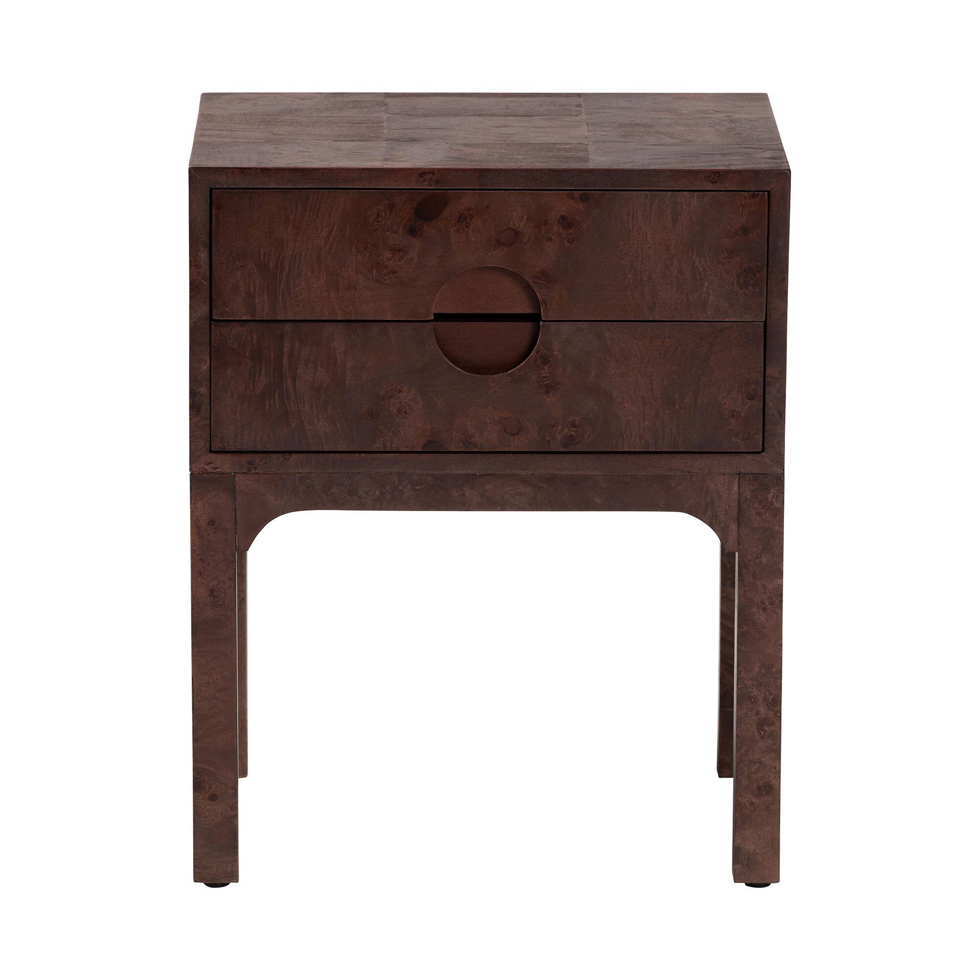 Left. bali & pari - Kayla Real Burl Wood Nightstand - Modern Bedside Table with Two Drawers and Cutout Handle Design - Dark Walnut.