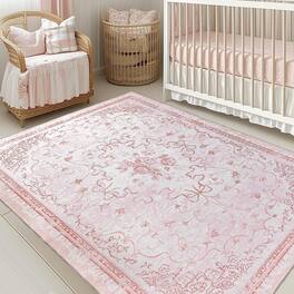 Fabibe - Pink Rug For Bedroom Girl Nursey 5x7 - Bow Dorm College Cute Coquette Teen Room romantic floral design elevate - Pink-5' x 7' (Rectangular)