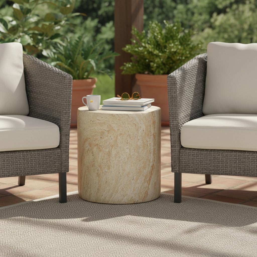 Left. LeisureMod - Vintara 18" Modern Cylindrical Round Fiberstone Side Table, Accent End Table with Floor Protection for Living Room - Travertine.