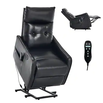 Front. LUCKY ONE - Faux Leather Single Motor Power Lift Recliner Chair with Massage, Heat & USB Charging - Black.