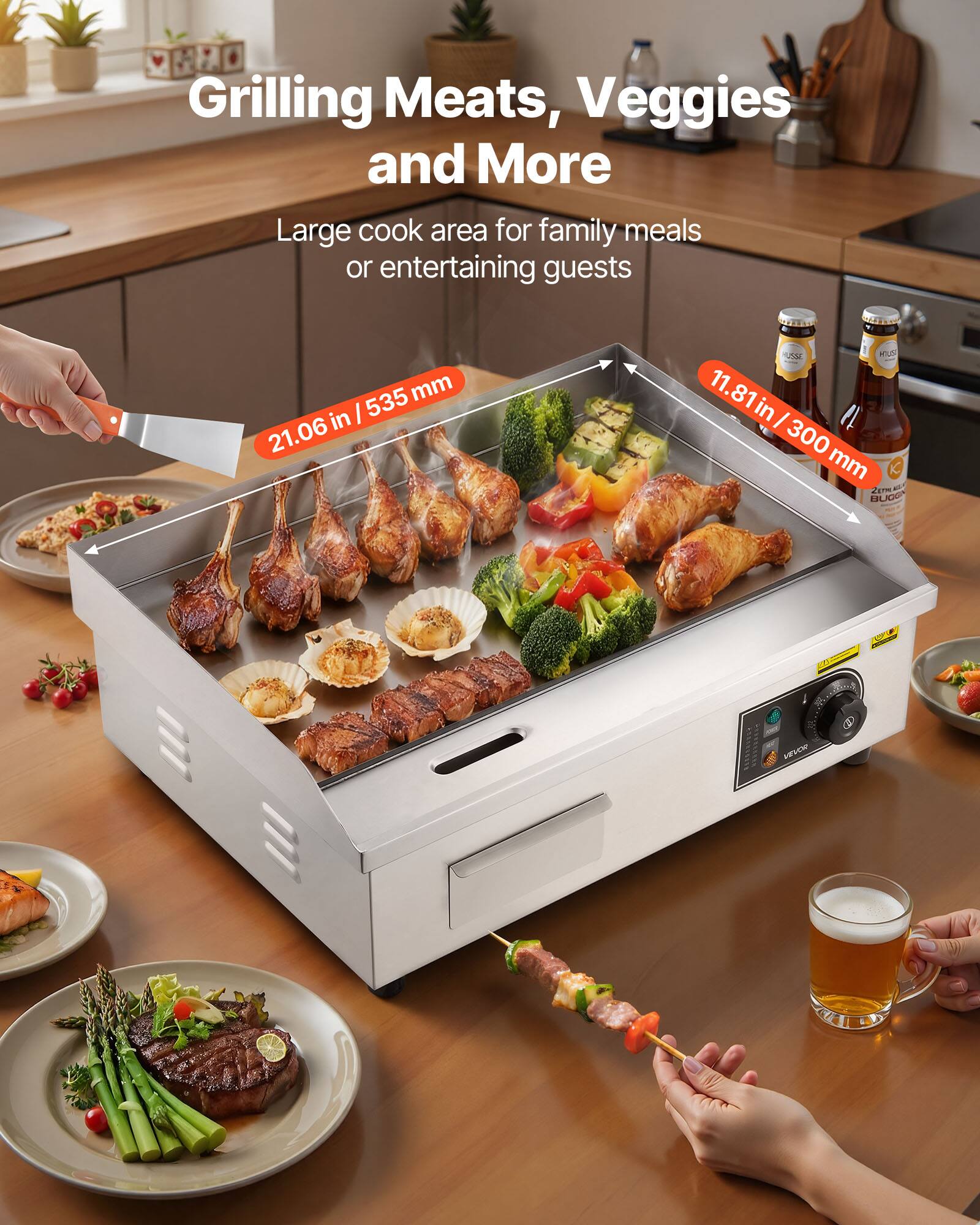 Grilling Meats, Veggies and More  
Large cook area for family meals or entertaining guests  

535 mm in 21.06  
MUSSE KUS 11.81 in I 300 mm K. 20% BUGG  
VEVOR