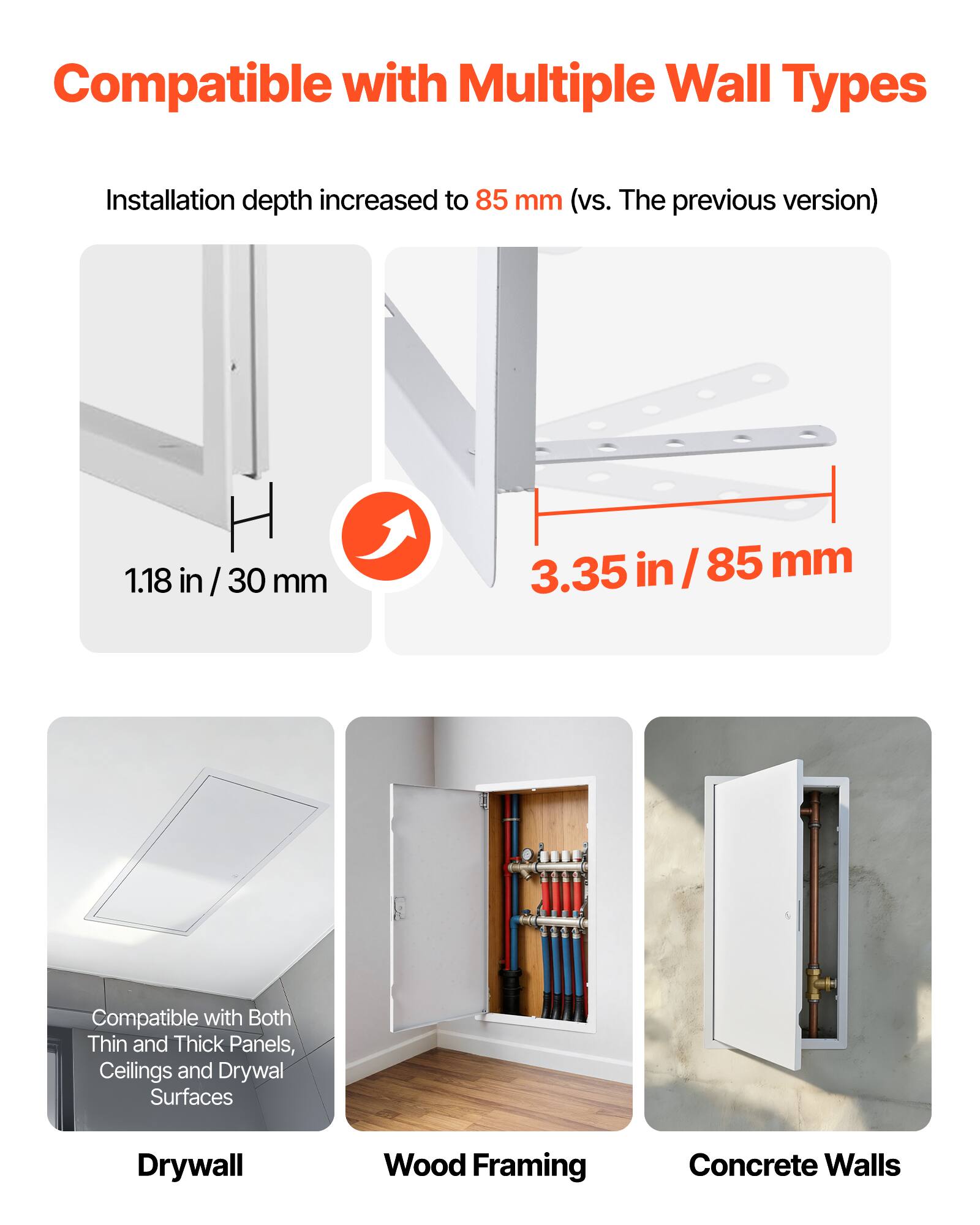 Compatible with Multiple Wall Types

Installation depth increased to 85 mm (vs. The previous version)

1.18 in / 30 mm

3.35 in / 85 mm

Compatible with Both Thin and Thick Panels, Ceilings and Drywall Surfaces

Drywall

Wood Framing

Concrete Walls