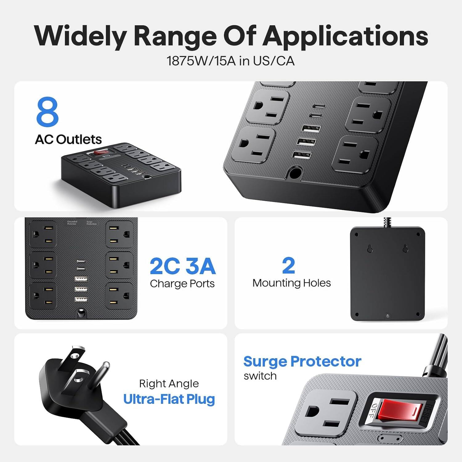Widely Range Of Applications  
1875W/15A in US/CA  

8 AC Outlets  
2C 3A Charge Ports  
2 Mounting Holes  
Right Angle Ultra-Flat Plug  
Surge Protector switch