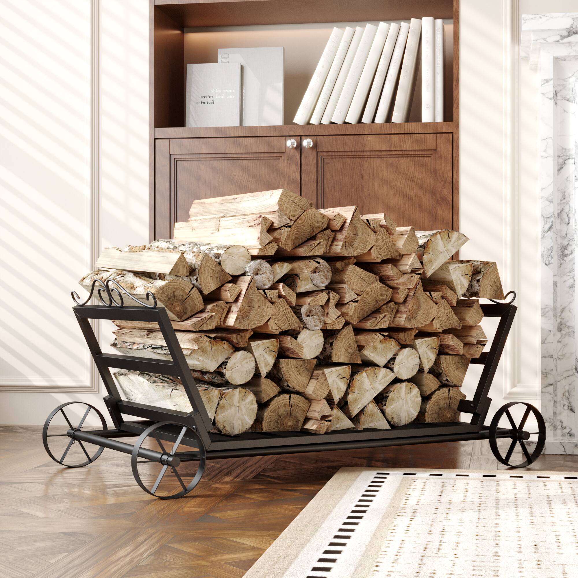 Angle. Famapy - Heavy-Duty Firewood Rack with Wheels – 150 lbs Capacity, Indoor Outdoor Metal Log Holder Cart for Fireplace Storage - Black.