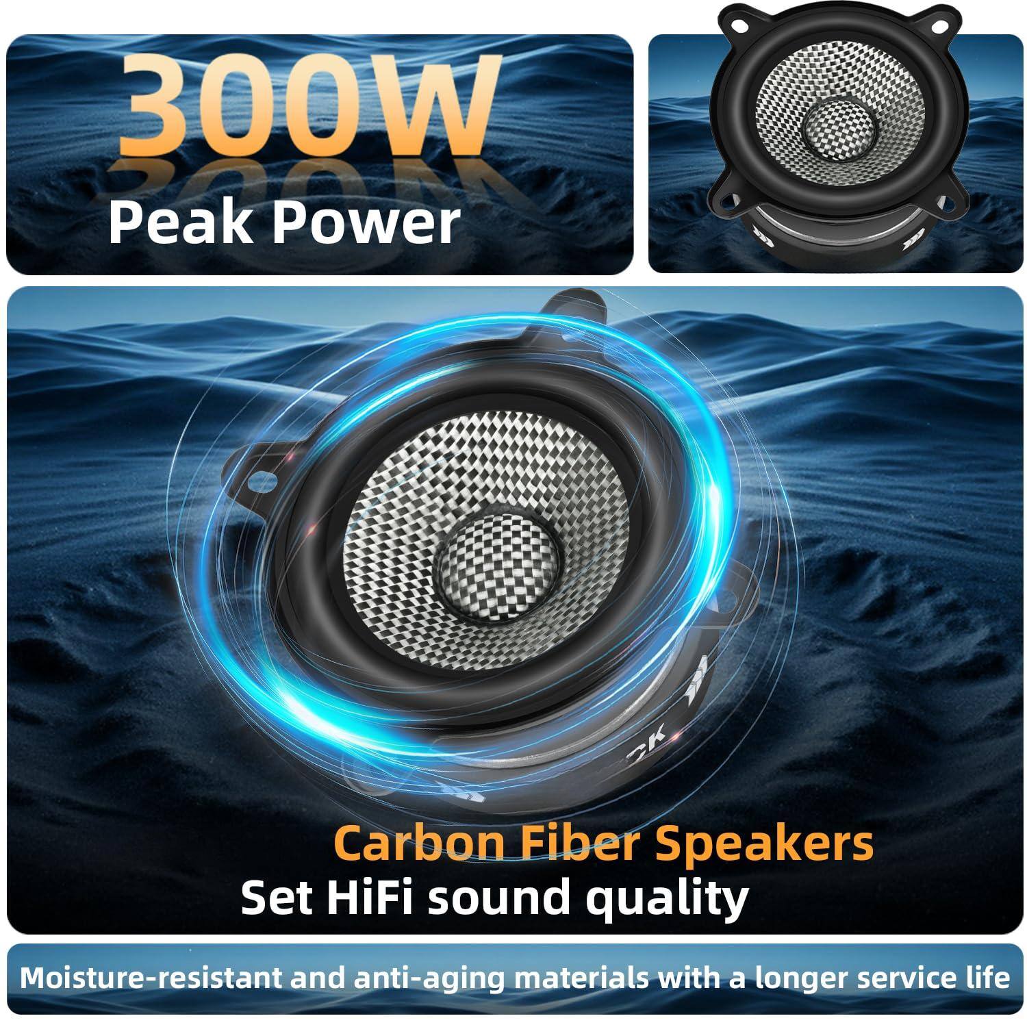 300W Peak Power

Carbon Fiber Speakers Set HiFi sound quality

Moisture-resistant and anti-aging materials with a longer service life