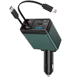 NEXPOW - Retractable Car Charger Adapter, 150W Fast Charger for Car, 4 in 1 Car Phone Charger with Cables(2.6ft), 180° Adjustable