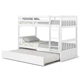 Costway - Twin Over Twin Bunk Bed with Twin Trundle Solid Wood Frame - White