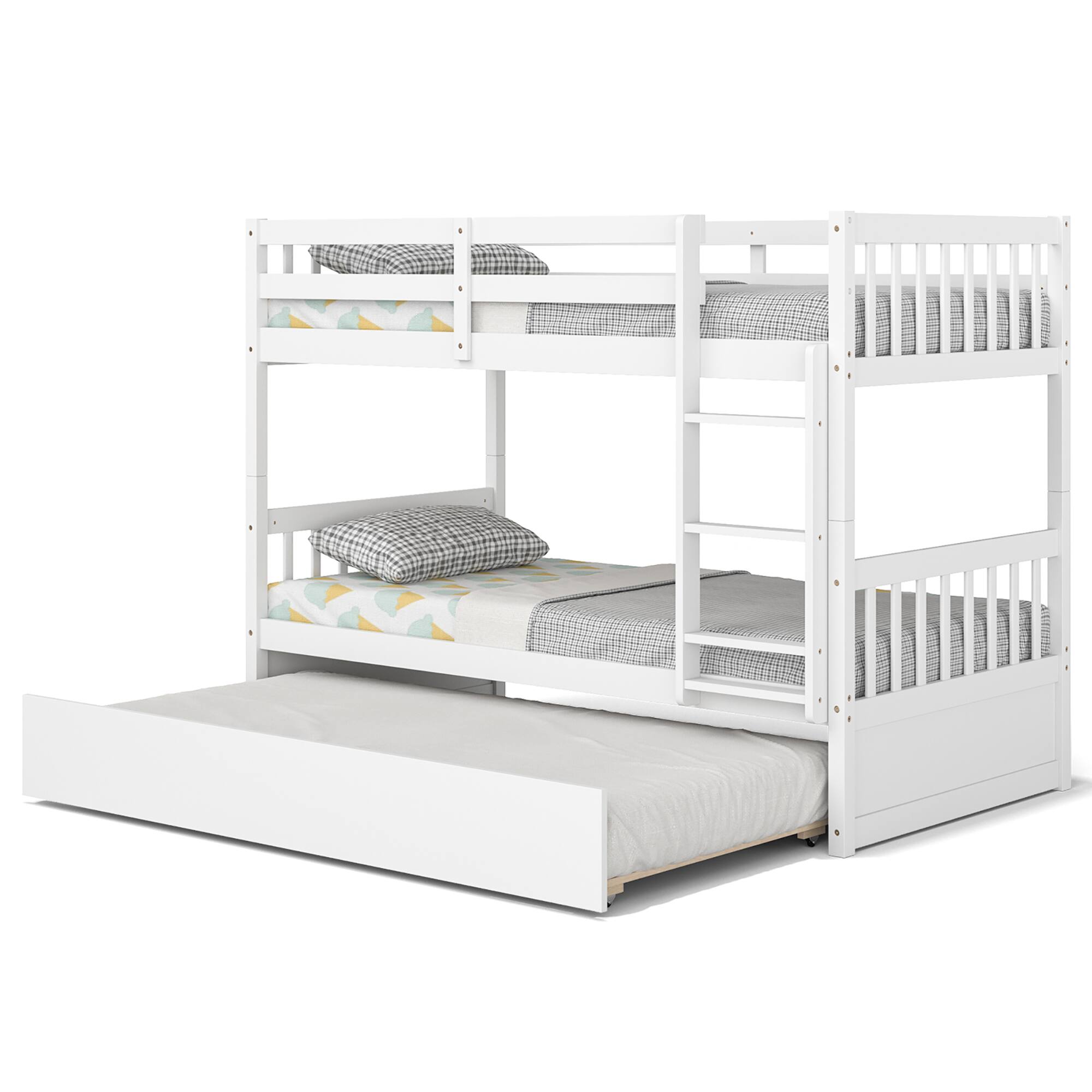 Costway - Twin Over Twin Bunk Bed with Twin Trundle Solid Wood Frame - White