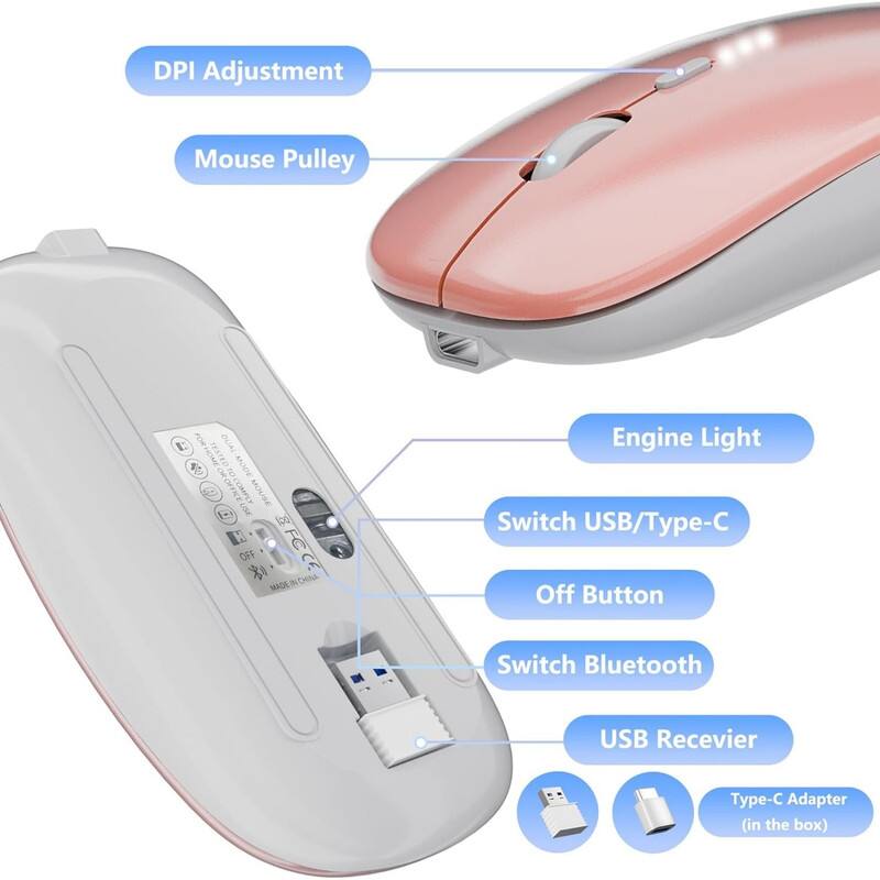 DPI Adjustment  
Mouse Pulley  
Engine Light  
Switch USB/Type-C  
Off Button  
Switch Bluetooth  
USB Receiver  
Type-C Adapter (in the box)