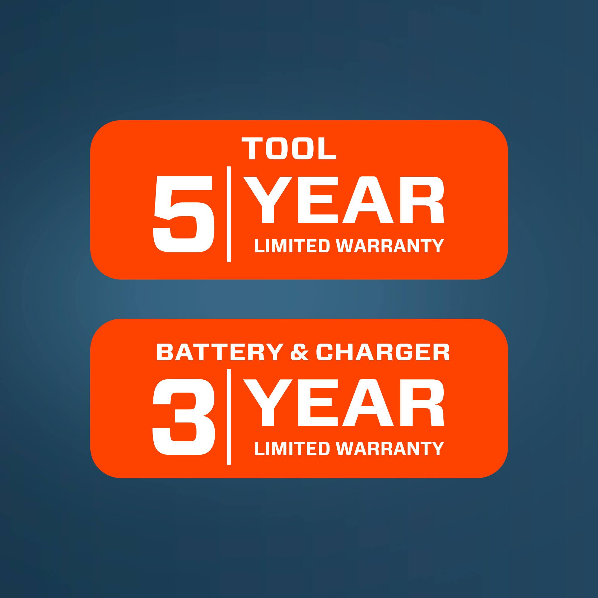 TOOL 5 YEAR LIMITED WARRANTY  
BATTERY & CHARGER 3 YEAR LIMITED WARRANTY