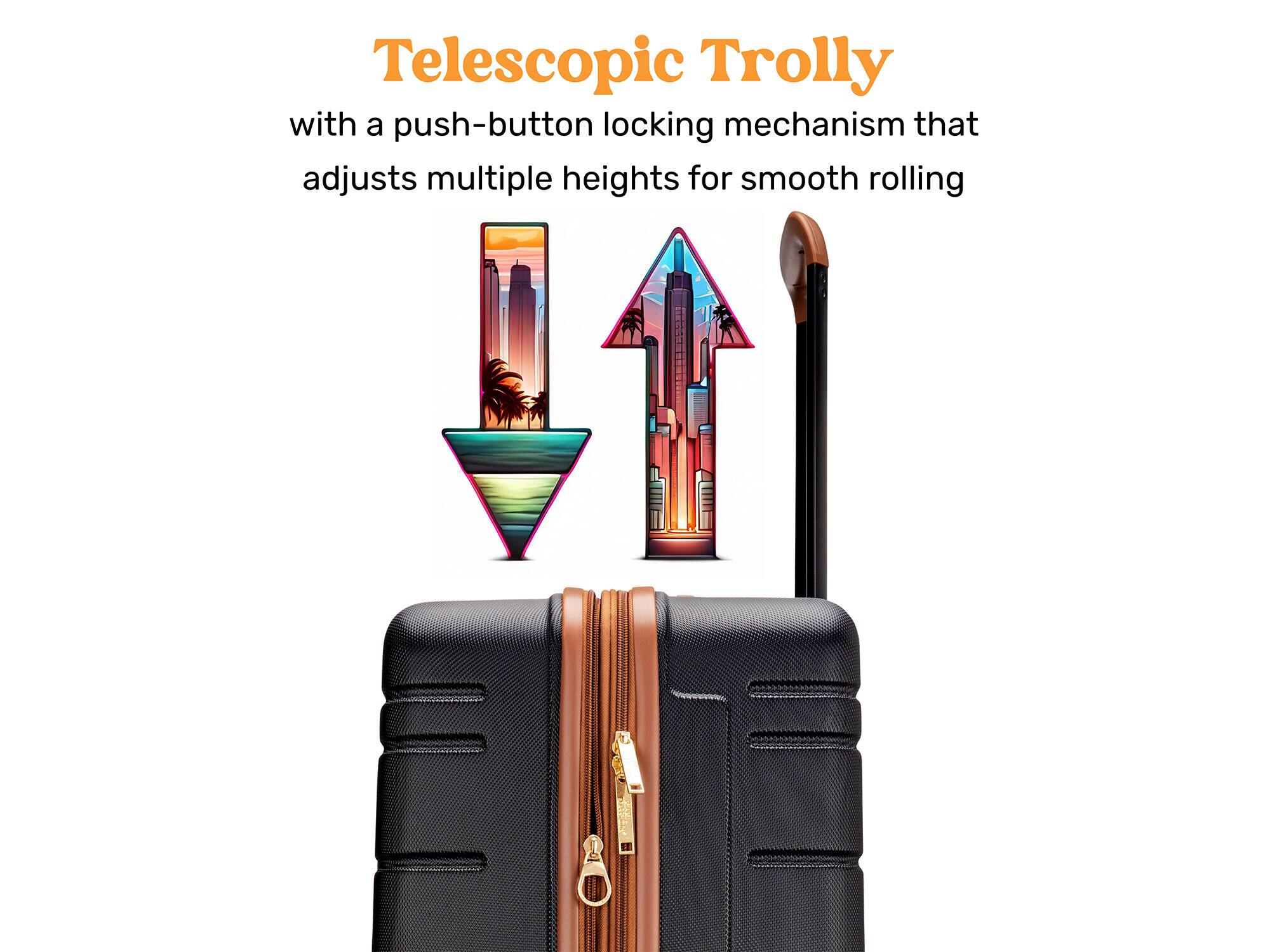 Telescopic Trolly with a push-button locking mechanism that adjusts multiple heights for smooth rolling