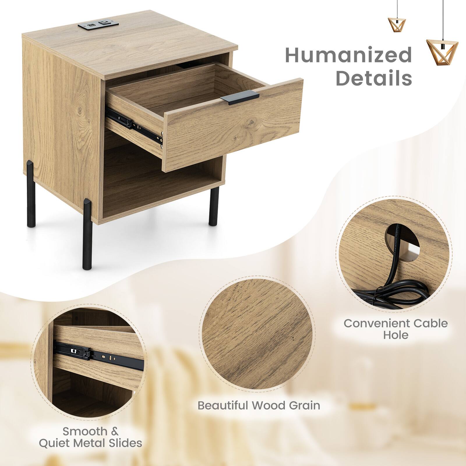 The image features a wooden desk with a drawer and a cable hole. The desk is made of beautiful wood grain and has smooth metal slides. The drawer is designed with humanized details, making it a functional and aesthetically pleasing piece of furniture.