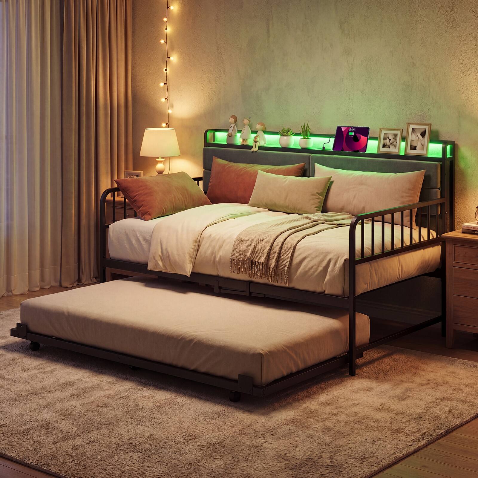 Alt View 5. Costway - Costway Daybed with Trundle LED Lights Charging Station Upholstered Storage Headboard - Rustic Brown & Black.