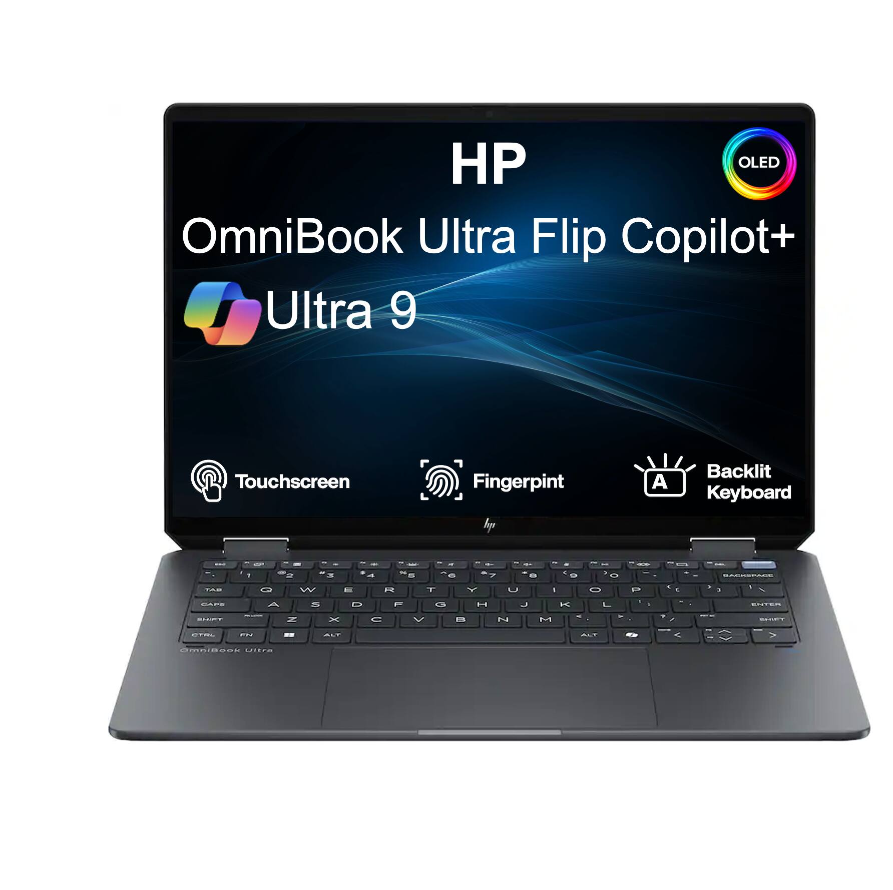 HP OLED OmniBook Ultra Flip Copilot+ Ultra 9 Touchscreen Fingerprint Backlit Keyboard