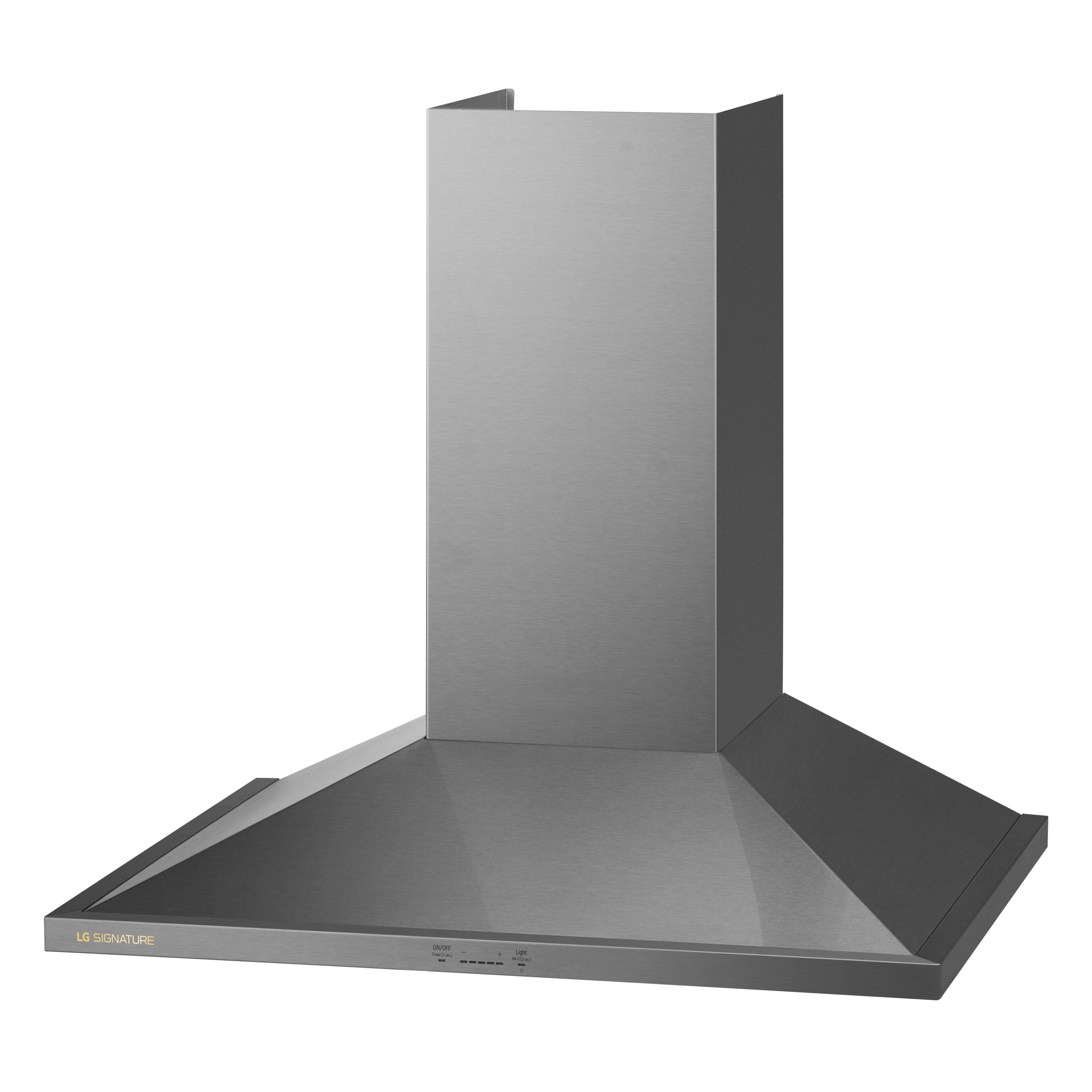 Left. LG - SIGNATURE 36-in Externally Vented Wall Mount Smart Range Hood - Stainless Steel.