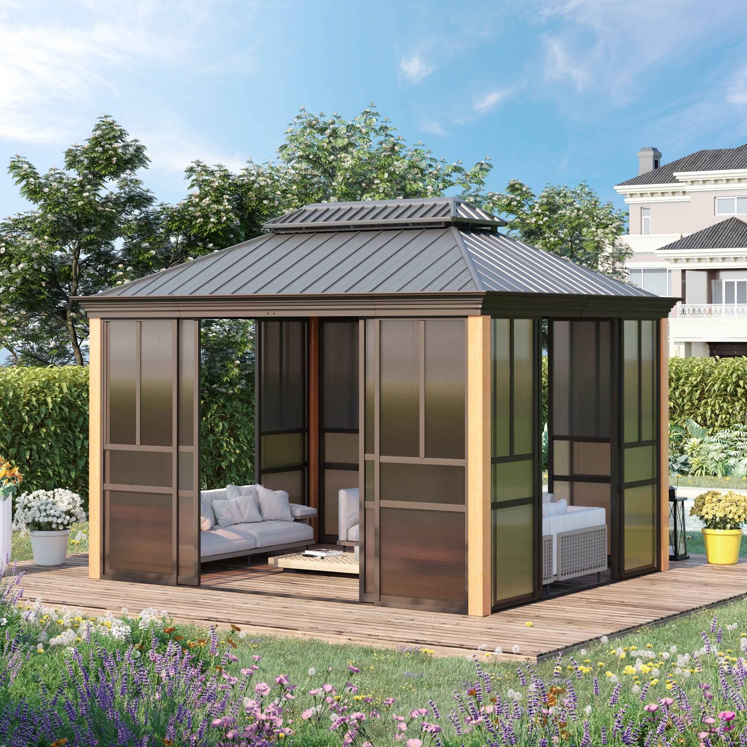 Alt View 6. U-HOMY - Hardtop Sunroom Gazebo with Double Steel Roof, Sliding Doors & Screens, All-Season Aluminum Pergola - 10' x 12'.