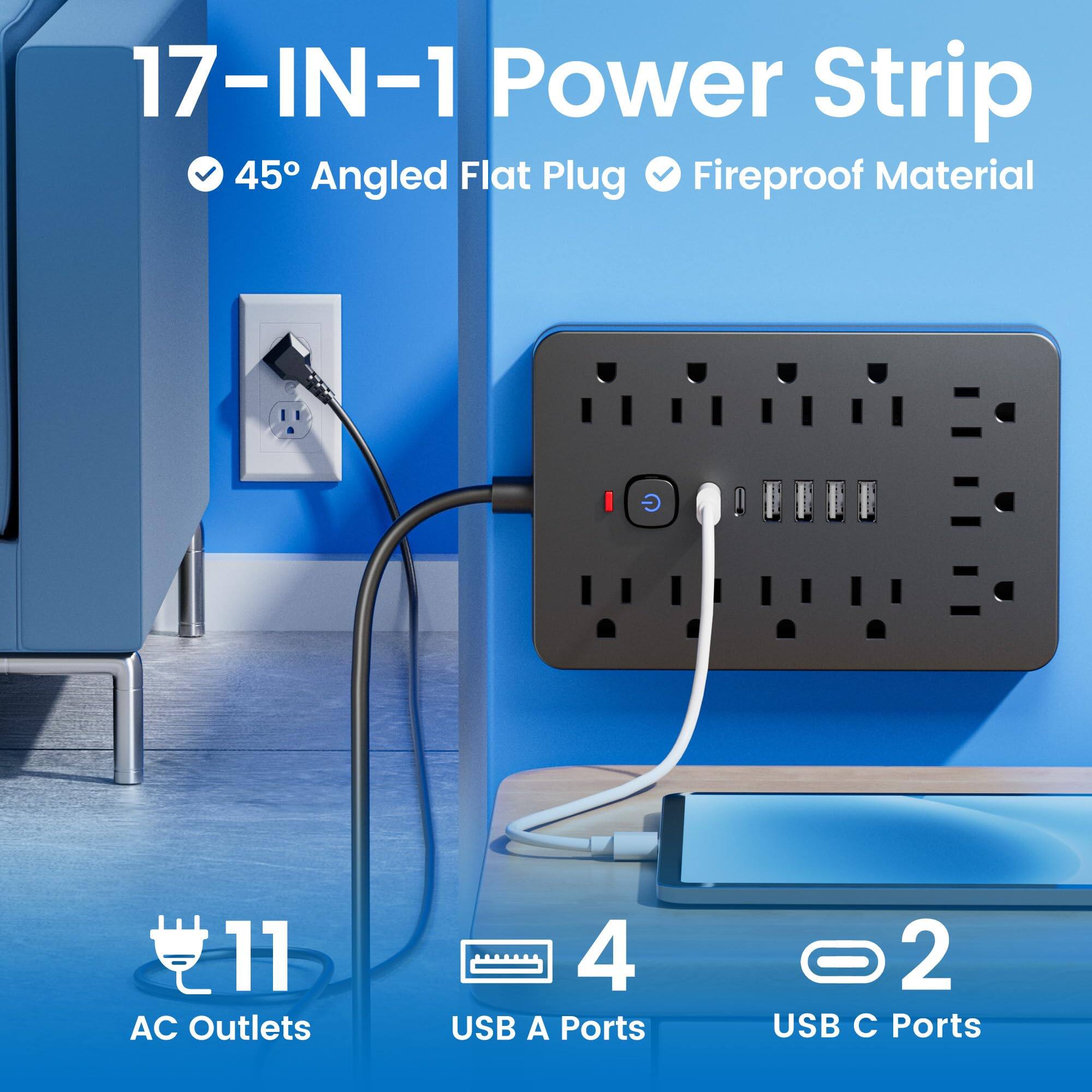 17-IN-1 Power Strip  
45° Angled Flat Plug  
Fireproof Material  

11 AC Outlets  
4 USB A Ports  
2 USB C Ports