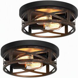 RYHNUYNE - 2-Pack Matte Bronze Industrial Flush Mount Ceiling Light with Crisscross Metal Cage, Round Close-to-Ceiling Fixture