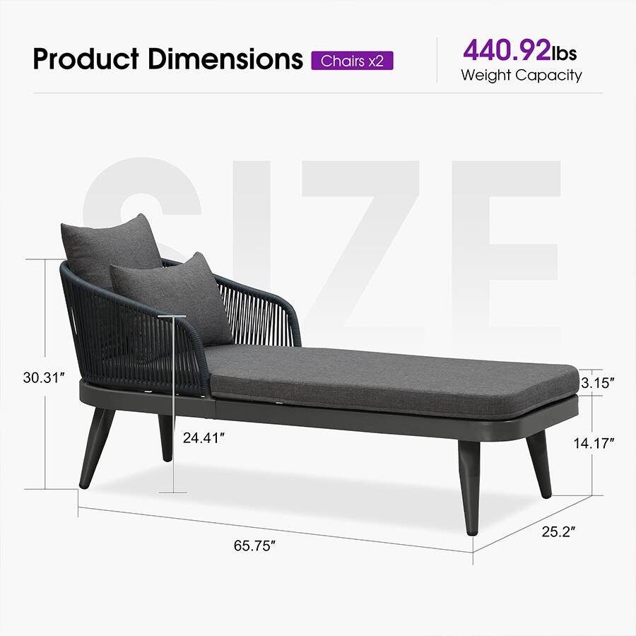 Product Dimensions: Chairs x2  
Weight Capacity: 440.92 lbs  
Dimensions: 30.31" x 3.15" x 24.41" x 14.17" x 65.75" x 25.2"