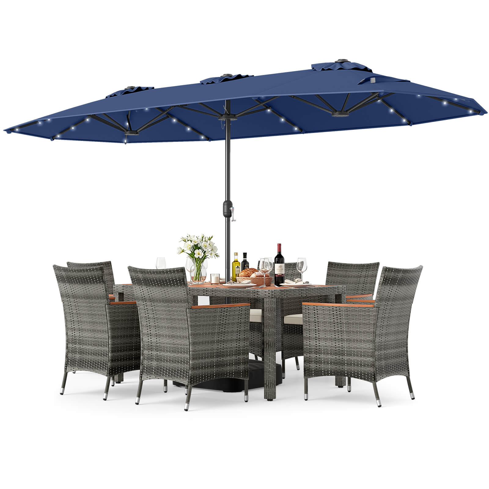 Alt View 5. Costway - Costway 8 PCS Outdoor Wicker Dining Furniture & Double-Sided Umbrella with Solar LED Lights - Navy + Mix Gray.