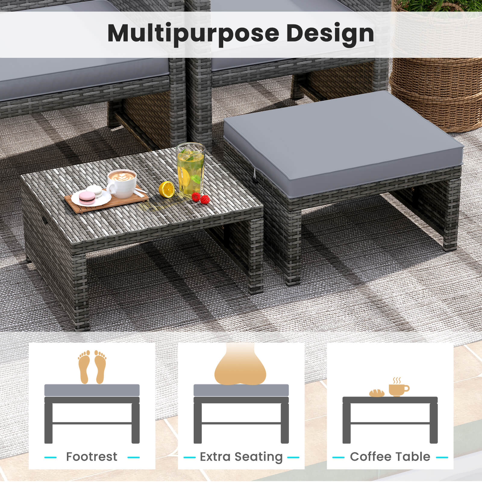 Multipurpose Design

Footrest
Extra Seating
Coffee Table