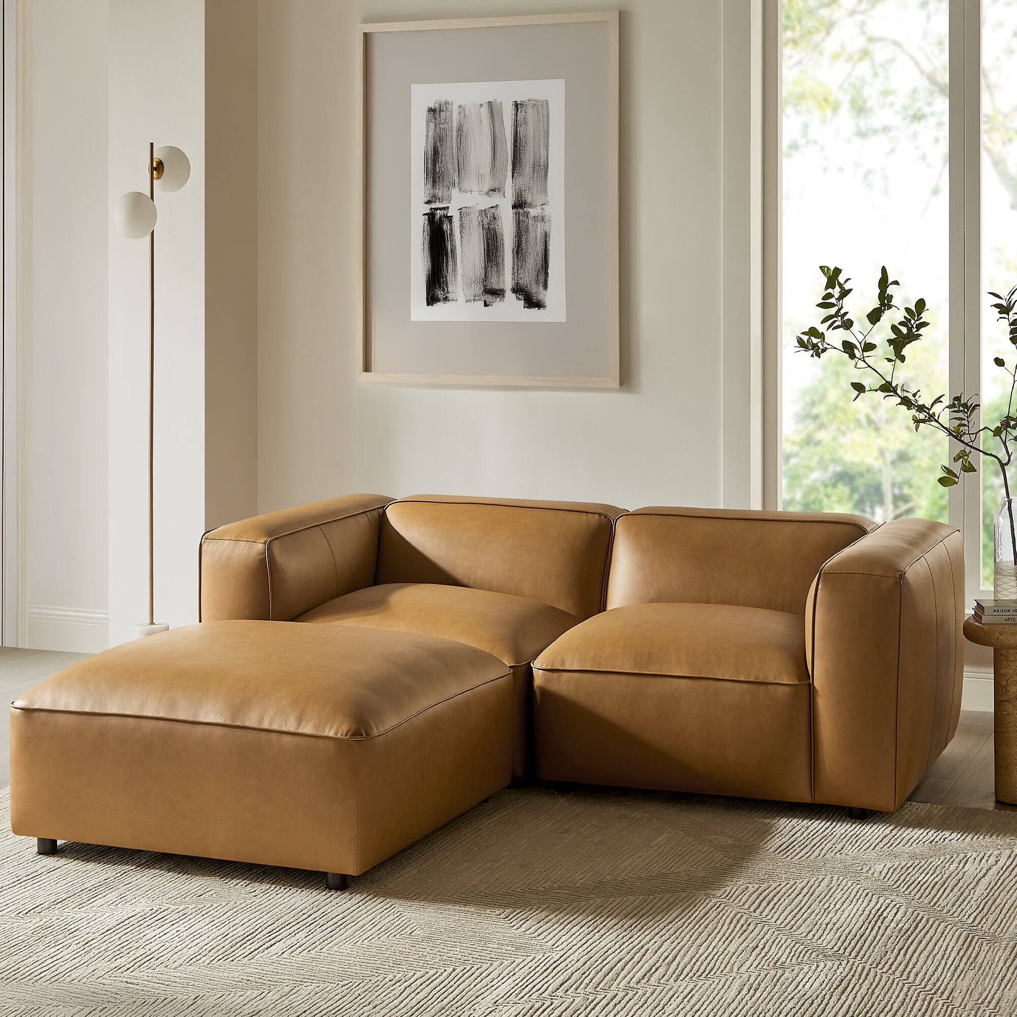 Alt View 6. Modway - Auren 3-Piece Upholstered Vegan Leather Modular Loveseat with Ottoman by Modway - Camel.