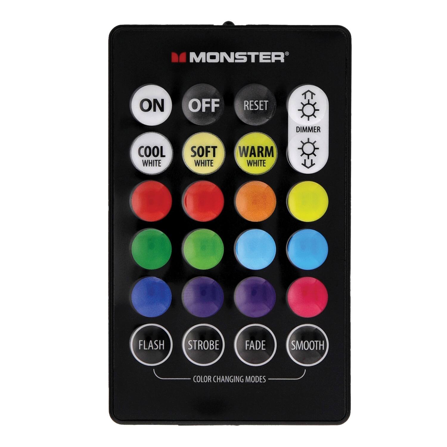 MONSTER ON OFF RESET DIMMER COOL WHITE SOFT WHITE WARM WHITE FLASH STROBE FADE SMOOTH COLOR CHANGING MODES