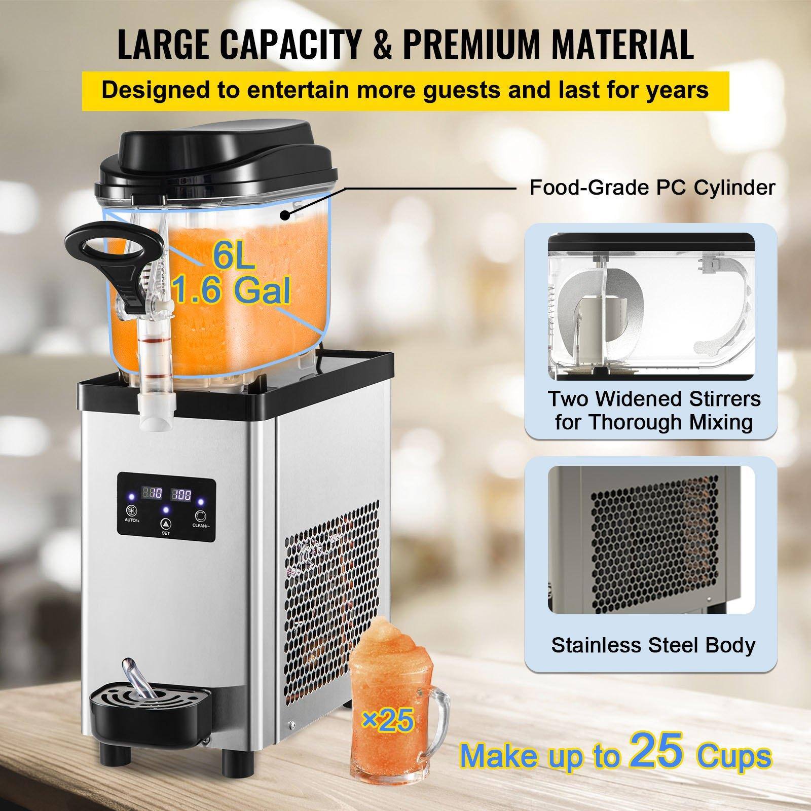 LARGE CAPACITY & PREMIUM MATERIAL  
Designed to entertain more guests and last for years  

6L 1.6 Gal  

Food-Grade PC Cylinder  

Two Widened Stirrers for Thorough Mixing  

Stainless Steel Body  

Make up to 25 Cups