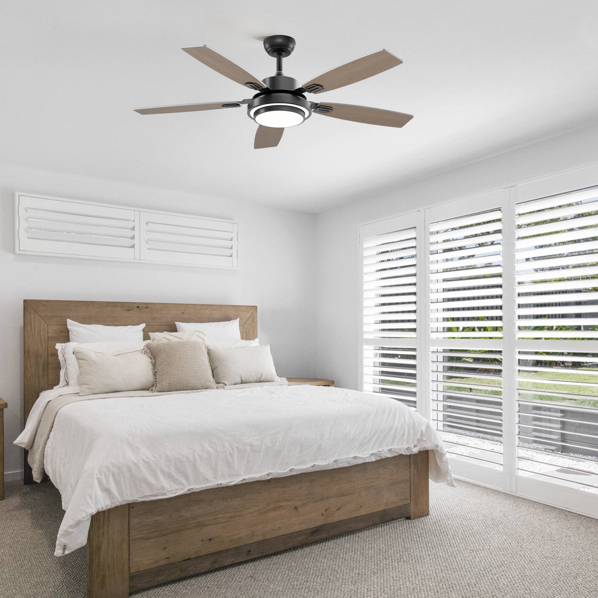 Left. Siljoy - 52 in Modern Black Ceiling Fan LED Light Remote Reversible 5 Gray and Oak Blades for Bedroom Living Room Patio - Black.